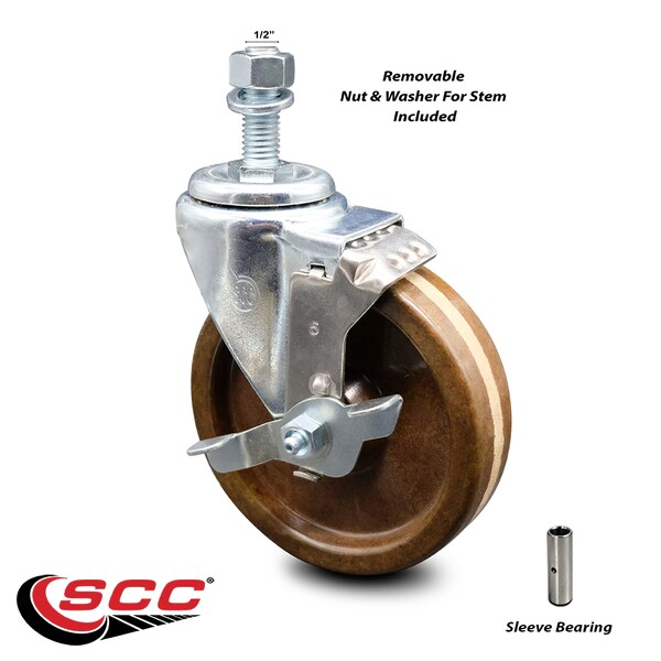 5 Inch High Temp Phenolic Wheel Swivel 1/2 Inch Threaded Stem Caster with Brake